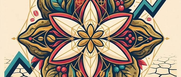 A geometric illustration of a coffee blossom evolving into a compostable pod, symbolizing the intersection of agricultural sustainability and modern technology.