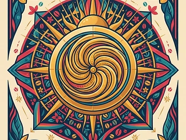 A geometric, stylized illustration of a drying coffee cherry integrated into a mandala pattern.