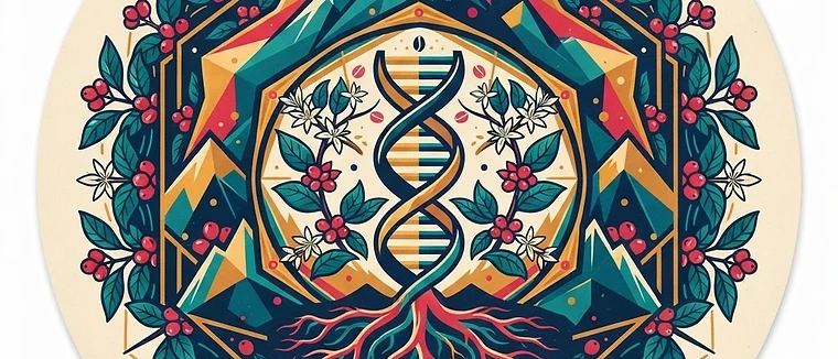 A complex geometric mandala illustrating the intersection of coffee plant genetics and mountain ecosystems.
