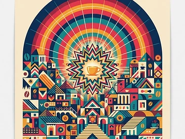 Sacred-geometry editorial artwork of a radiant radar sun disc over a geometric cityscape converging on a glowing coffee core.