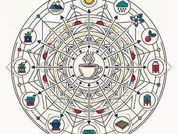 Sacred-geometry illustration of a coffee cup at the center of a radial mandala, with fifteen rays converging from farm, cherry, fermentation vessel, roaster and grinder emblems.