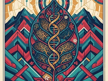A stylized, geometric illustration of a coffee leaf infected with rust, featuring a glowing DNA strand representing the scientific effort to breed resistant varieties.