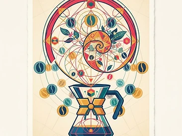 A geometric visualization of a golden ratio spiral centered on a glass coffee carafe with floating coffee bean cells.