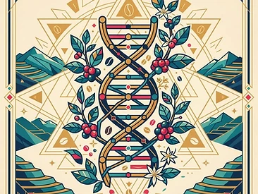 A detailed illustration showing a glowing DNA double helix merging with the organic structure of a coffee branch and mountain landscapes.