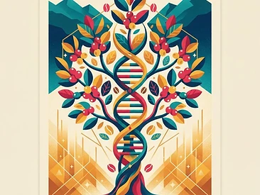 A symbolic illustration of a DNA strand blending into a coffee tree to represent the genetic future of coffee farming.