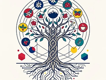 Sacred-geometry illustration of a tree of coffee knowledge — branches ending in coffee flowers, cherries, a mountain, a cup and a DNA helix.