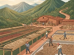 Los Pirineos — coffee farm illustration 2
