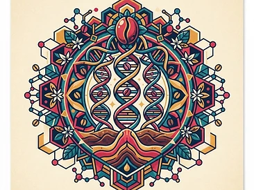 A geometric, symmetrical mandala representing the genetic mapping of coffee plants and their deep-earth origins.