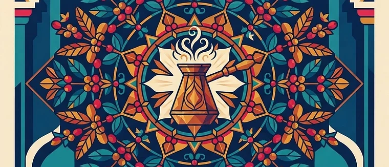 A sacred geometry mandala featuring a central traditional coffee pot surrounded by repeating patterns of coffee branches and Ottoman-style arches.