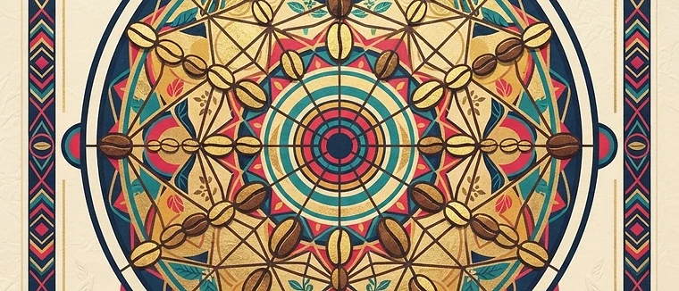 An intricate geometric pattern featuring perfectly aligned, varying coffee bean sizes set within a golden ratio-inspired sieve structure.