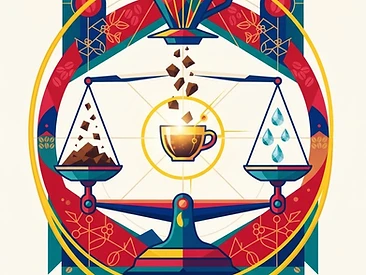 A golden-ratio scale balancing coffee grounds and water droplets, resolving into a radiant cup, in sacred-geometry editorial illustration style