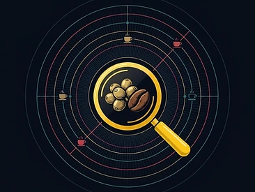 A gold magnifying glass hovering over coffee cherries and a roasted bean, ringed by concentric geometric search-result orbits on a deep navy field.