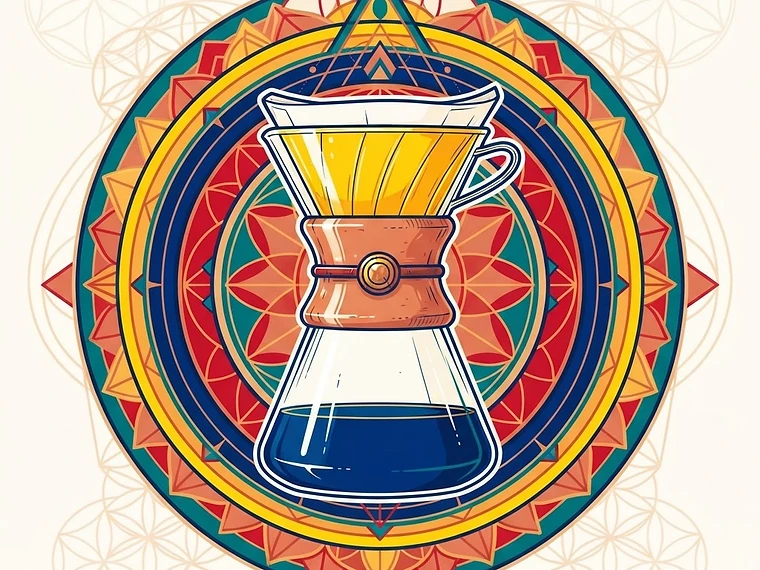 Bright sacred-geometry editorial artwork of the Orea V3 Pour-over brewing device inside radiating mandala rings, Pour-over, Modern gear, Precision