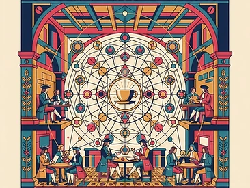 A symmetrical diagram of a historic coffee house integrated with geometric patterns symbolizing the dissemination of ideas.