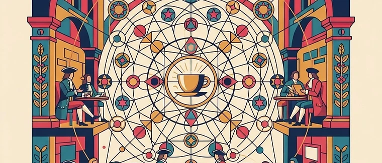 A symmetrical diagram of a historic coffee house integrated with geometric patterns symbolizing the dissemination of ideas.