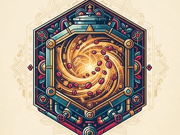 A sacred geometry illustration featuring a golden, hexagonal fermentation tank filled with stylized coffee cherries and abstract microbial energy patterns.