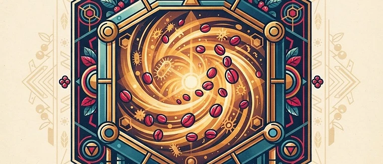 A sacred geometry illustration featuring a golden, hexagonal fermentation tank filled with stylized coffee cherries and abstract microbial energy patterns.