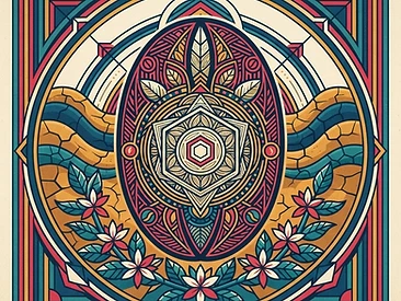 Sacred geometry artwork depicting a compostable coffee pod integrated into a coffee bean, with elements representing dry earth and coffee blossoms.