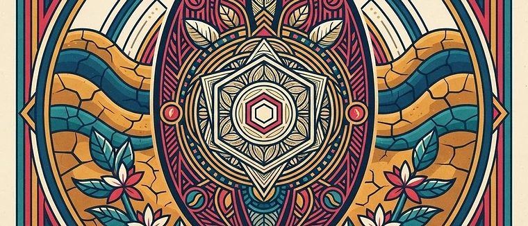 Sacred geometry artwork depicting a compostable coffee pod integrated into a coffee bean, with elements representing dry earth and coffee blossoms.