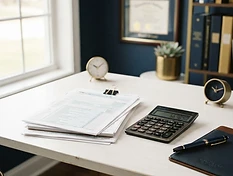 Organized desk with tax documents and calculator