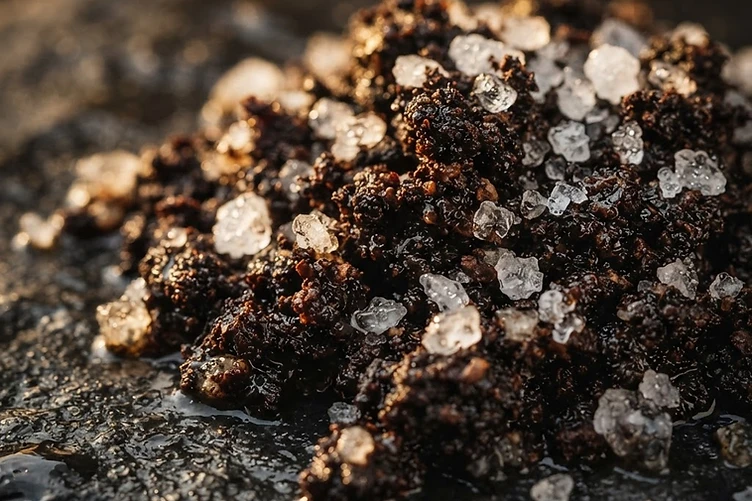 Macro texture of coarse coffee grounds and white salt crystals on wet stone