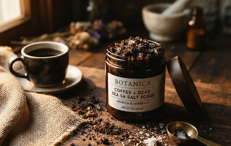 Dark Arabica coffee scrub with scattered grounds and Dead Sea salt crystals