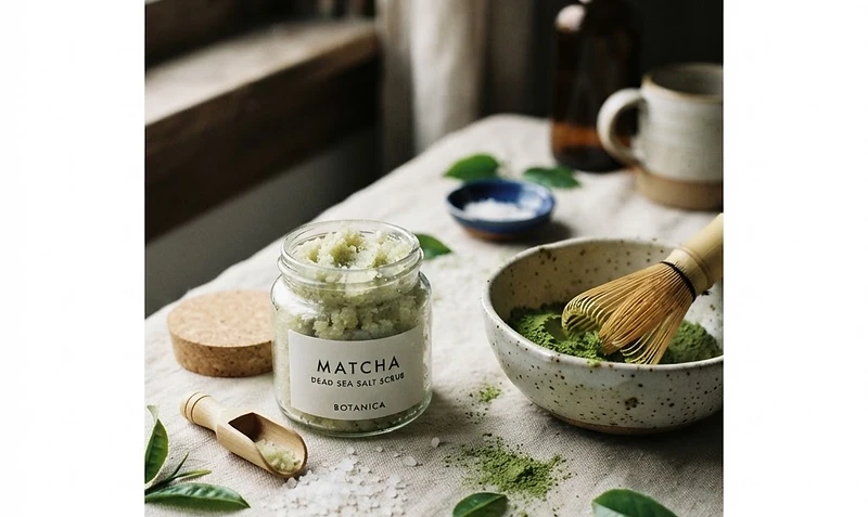 Ceremonial matcha powder beside a jar of green matcha Dead Sea salt scrub