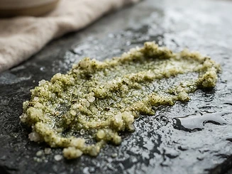 Macro texture of pale green matcha salt scrub
