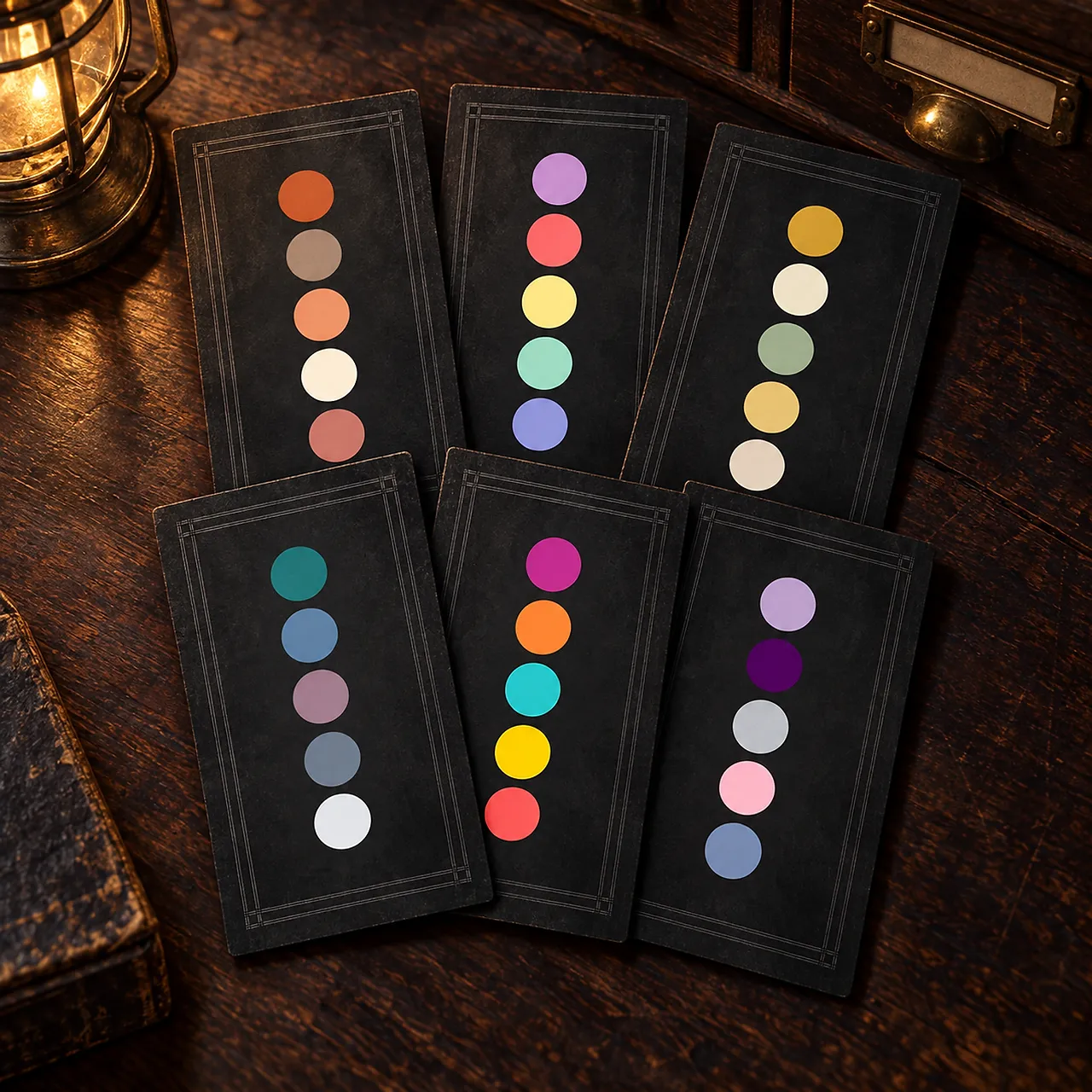Six black palette cards, each printed with five colour swatches, laid out on a dark wooden desk beside a brass lantern.