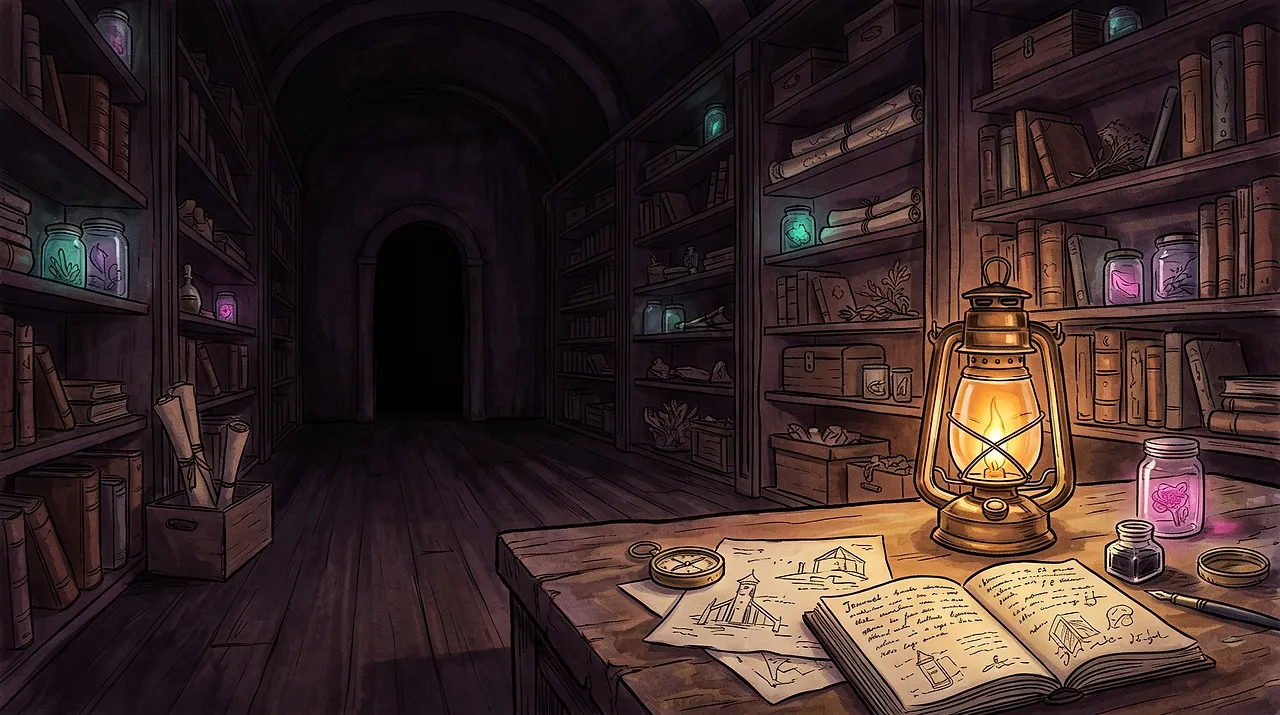 An old wooden desk lit by warm lamp light, stacked with letters and a brass key.