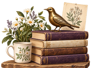 A stack of books topped with a brass bird figurine, beside a mug of daisies and a botanical drawing.