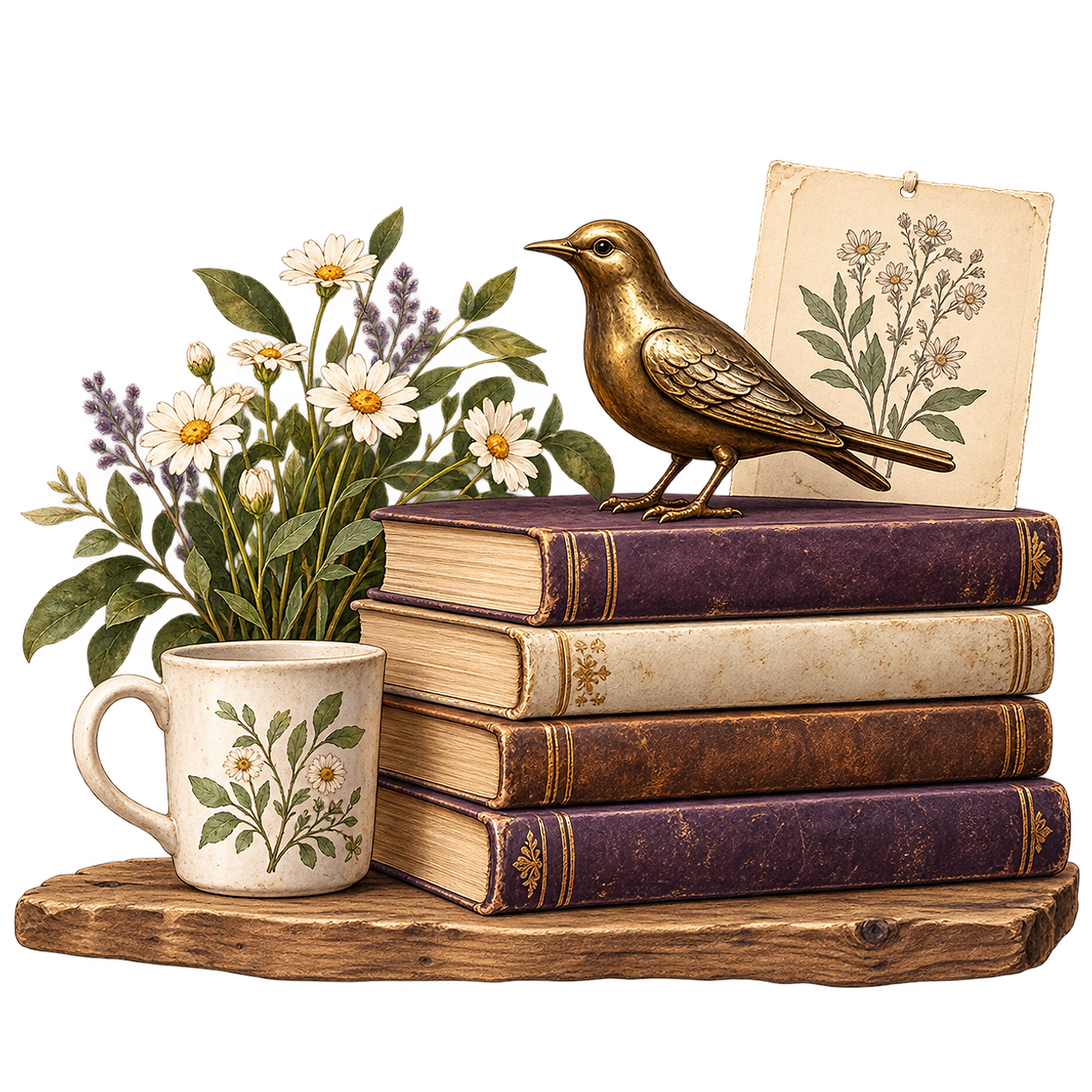 A stack of books topped with a brass bird figurine, beside a mug of daisies and a botanical drawing.