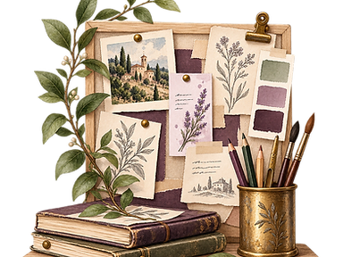 A corkboard pinned with sketches, a village painting, and colour swatches, with sketchbooks and a brass pencil cup below.