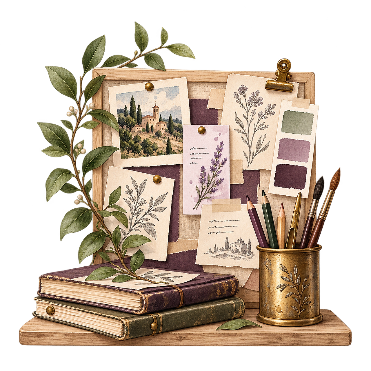 A corkboard pinned with sketches, a village painting, and colour swatches, with sketchbooks and a brass pencil cup below.