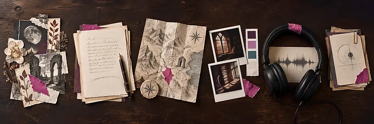 A flat-lay of six creative artifacts on a dark wooden surface: an image collage, a handwritten story, a folded map and stone, a polaroid with color swatches, headphones over a sound wave, and a stack of index cards.