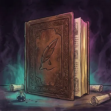 An antique, weathered Archive book resting on a wooden table beside scrolls and an inkwell.