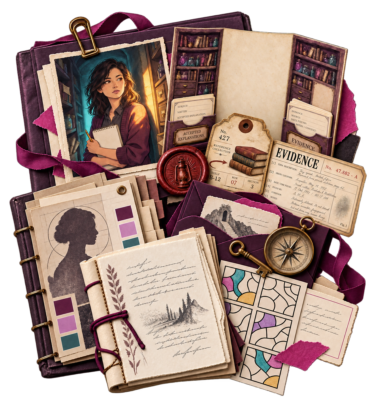 An archival flat-lay of detective ephemera: a portrait, an Accepted Explanations file, an evidence sheet, a wax seal, a profile silhouette with a color palette, a bound journal, a brass compass and key, and a torn raspberry paper fragment.