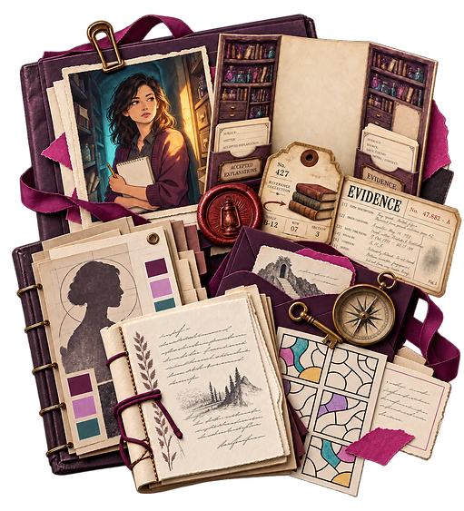 An archival flat-lay of detective ephemera: a portrait, an Accepted Explanations file, an evidence sheet, a wax seal, a profile silhouette with a color palette, a bound journal, a brass compass and key, and a torn raspberry paper fragment.