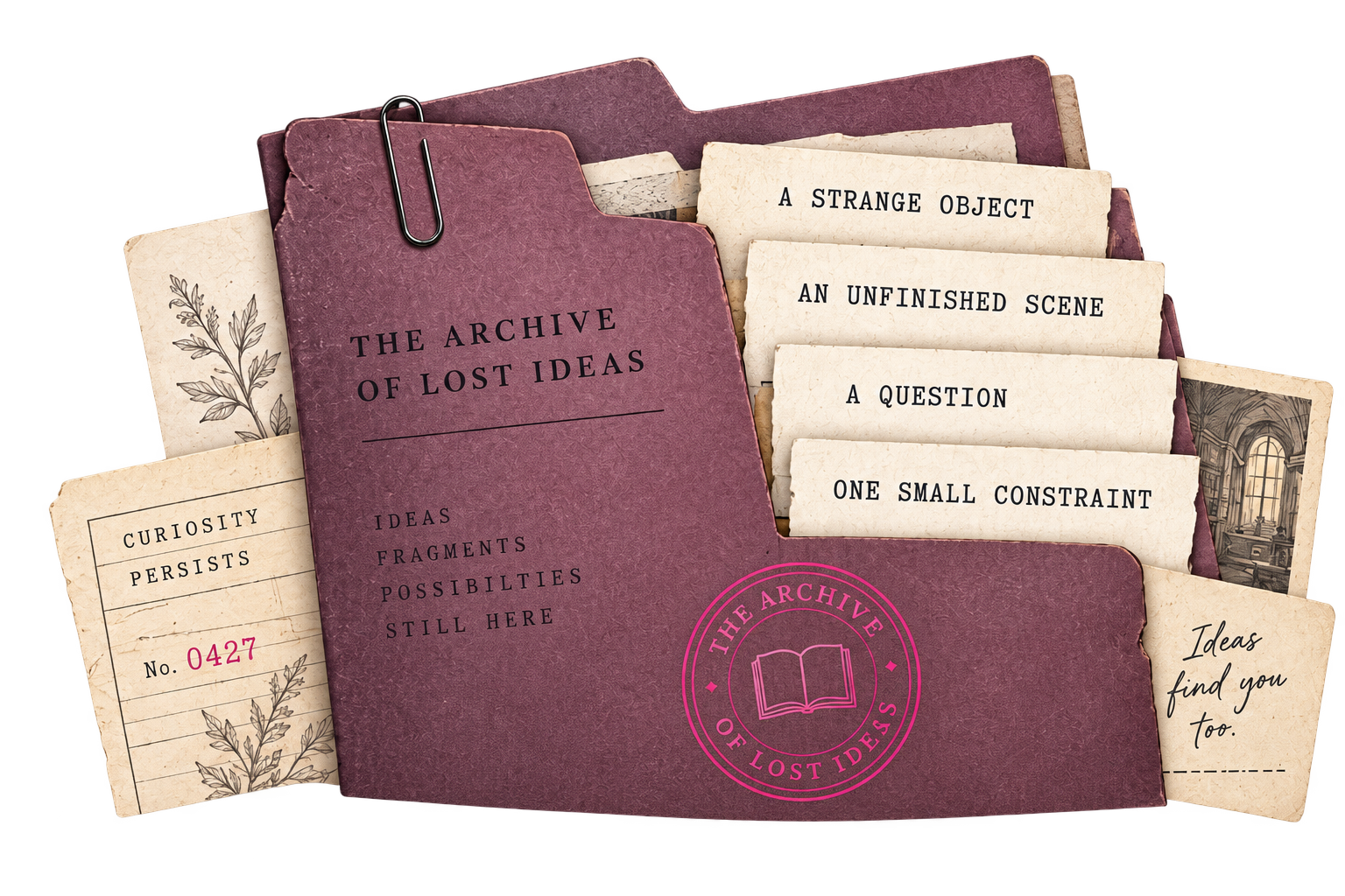 The Archive of Lost Ideas — a plum file folder holding fragments, scenes, questions, and small constraints.
