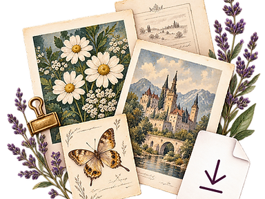 A vintage scrapbook arrangement of daisies, a castle illustration, a butterfly card, and a download icon clipped with brass.