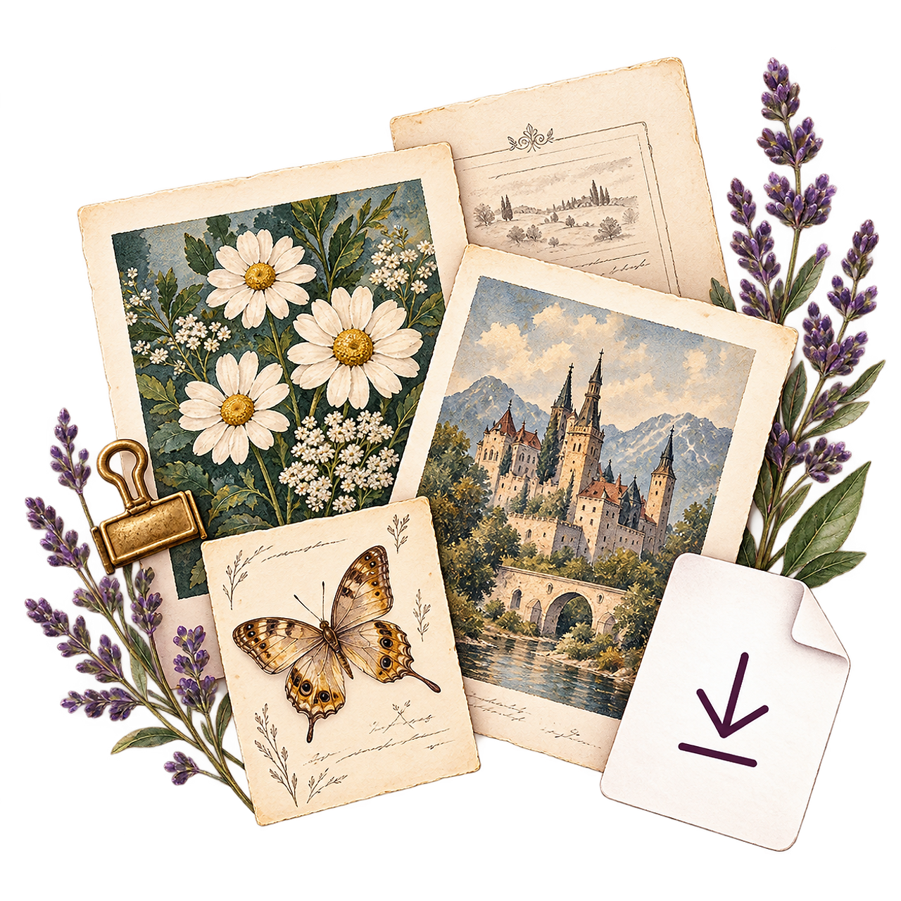 A vintage scrapbook arrangement of daisies, a castle illustration, a butterfly card, and a download icon clipped with brass.