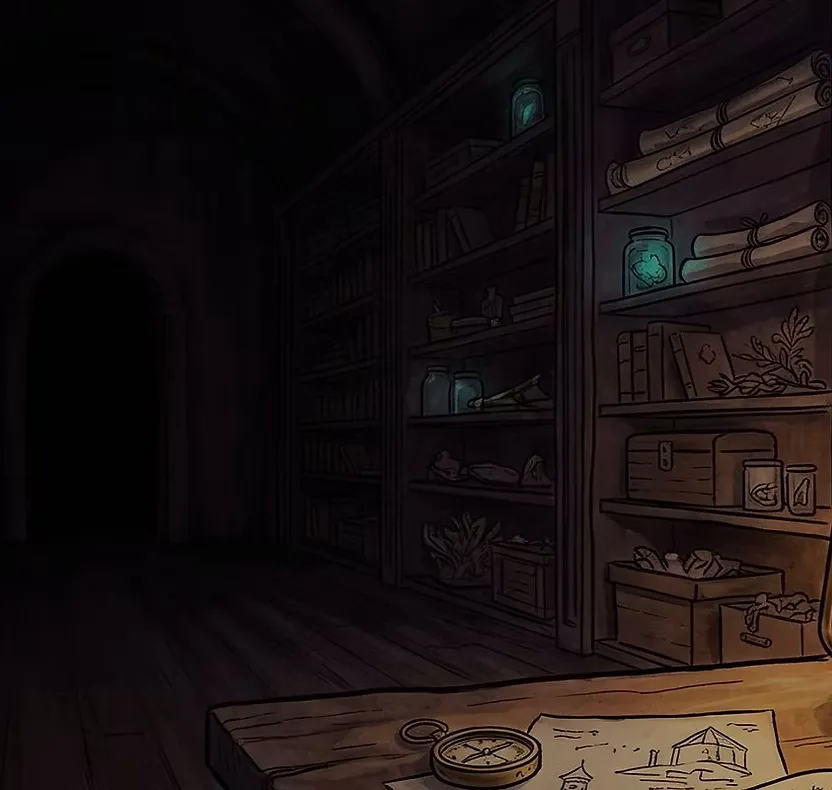 A dim, cozy archive vault lit by a brass oil lantern, with wooden shelves of books, scrolls, and glowing specimen jars receding into darkness.