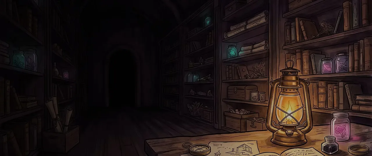 A dim, cozy archive vault lit by a brass oil lantern, with wooden shelves of books, scrolls, and glowing specimen jars receding into darkness.