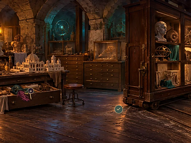 A candlelit conservation chamber with wooden cabinets, globes, and a glass-fronted cabinet holding a marble bust.