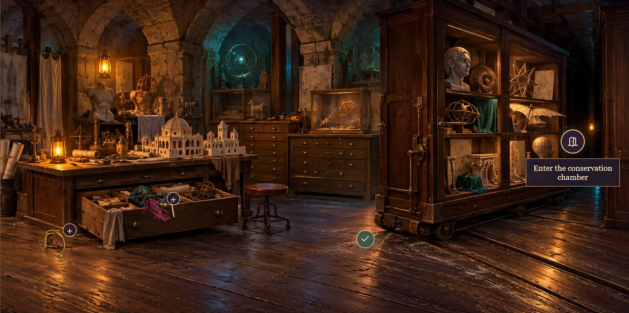 A candlelit conservation chamber with wooden cabinets, globes, and a glass-fronted cabinet holding a marble bust.
