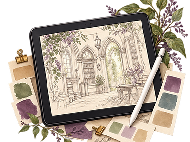 A drawing tablet showing a sketch of a stone library with wisteria, surrounded by paper swatches and a stylus.