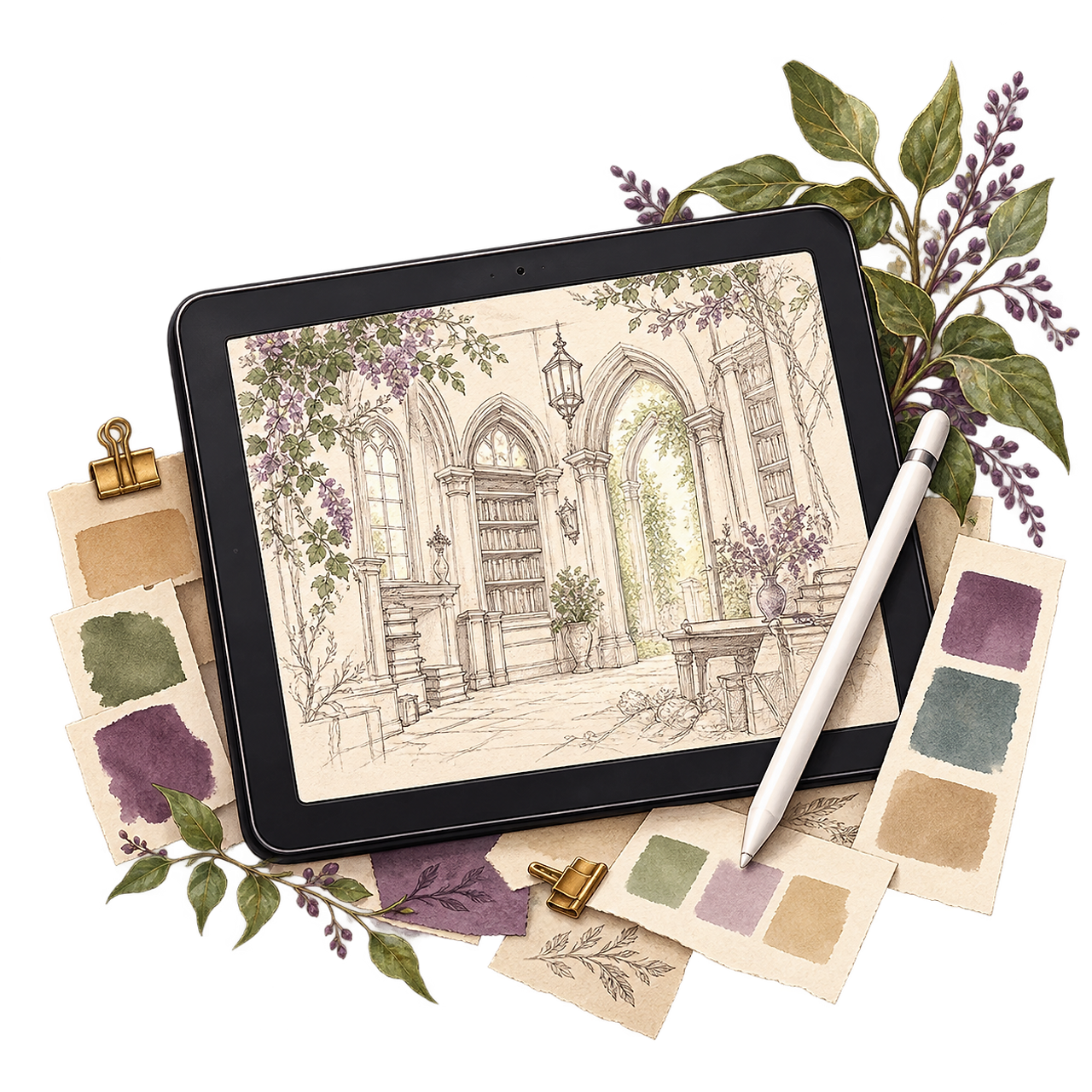 A drawing tablet showing a sketch of a stone library with wisteria, surrounded by paper swatches and a stylus.