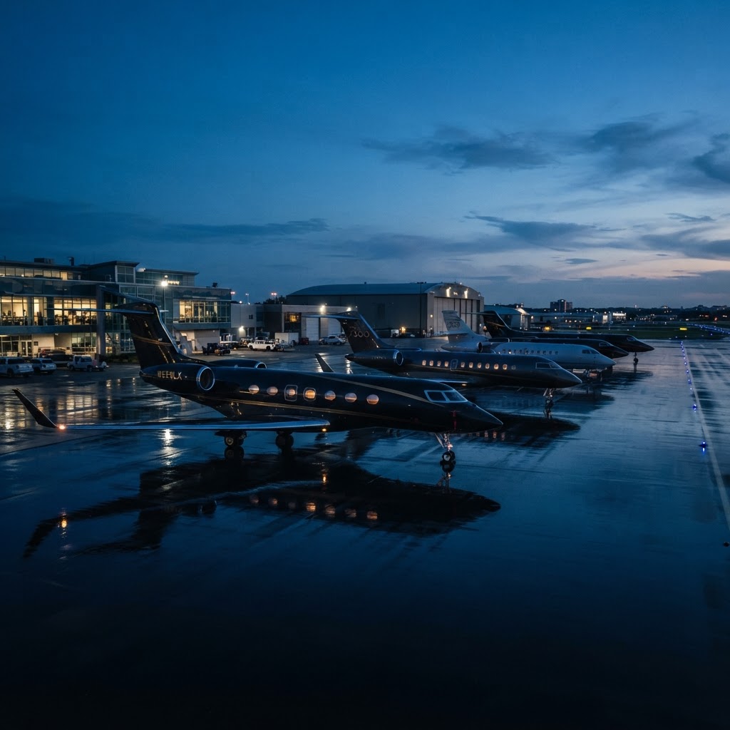 A line of modern business jets on the tarmac at dusk