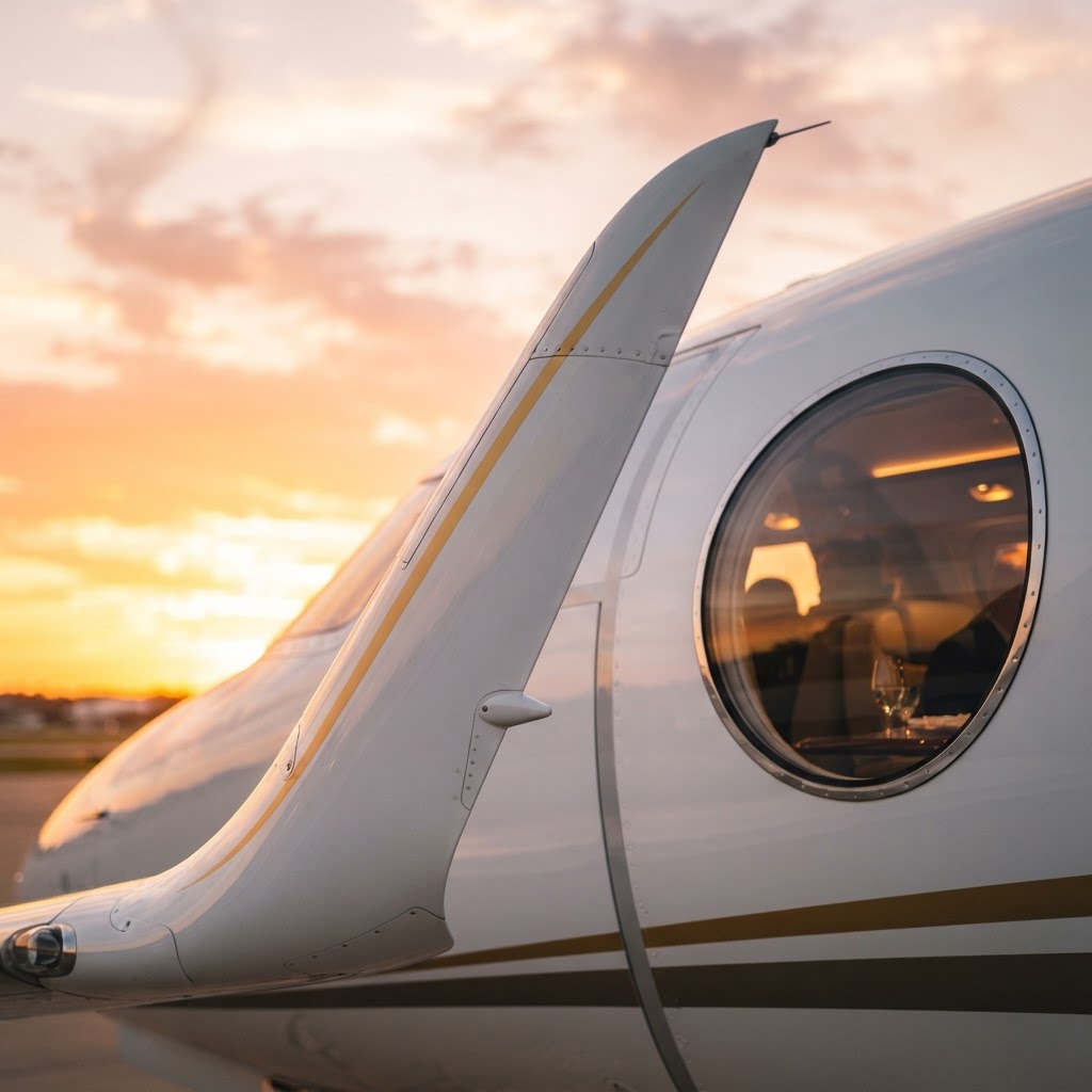 Business jet winglet and cabin window against a sunset sky