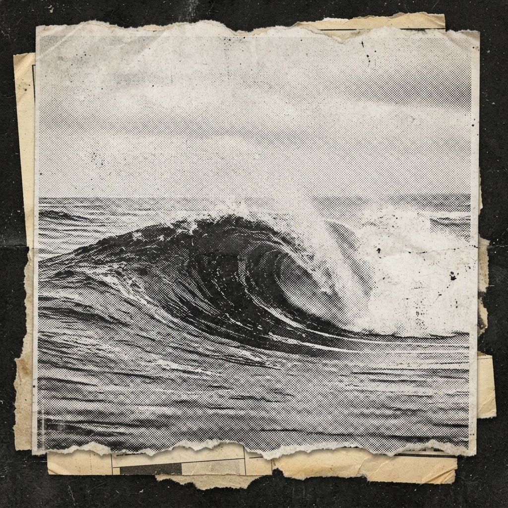 A vintage black and white halftone print of a cresting ocean wave